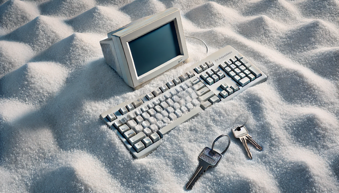 Image of a keyboard and set of keys buried in a pile of salt